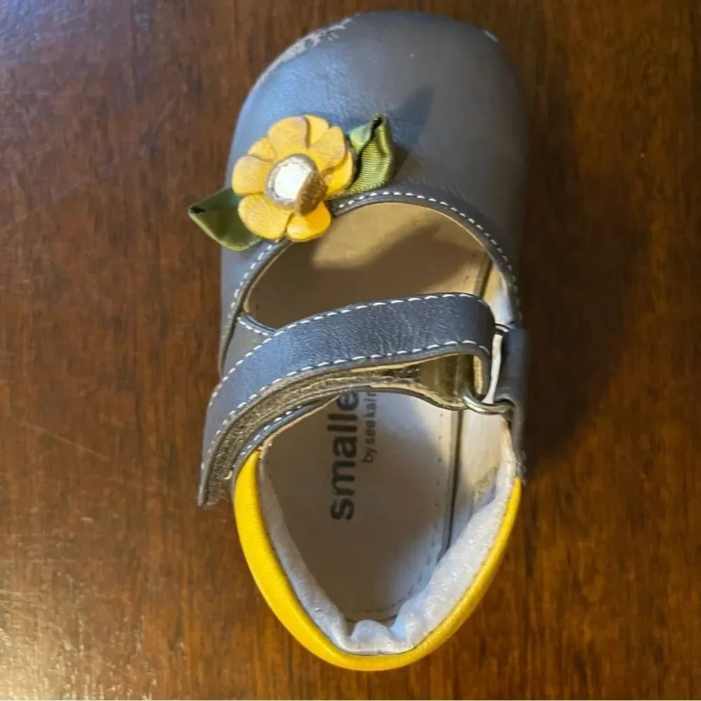 Gray Baby Shoes with Yellow Flower Accent